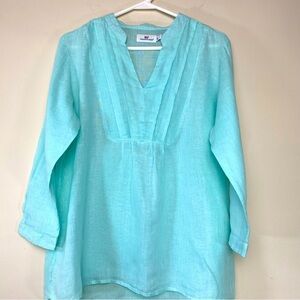 Vineyard Vines Linen Tunic Top 3/4 Sleeve Pullover Blouse Light Aqua Sz S